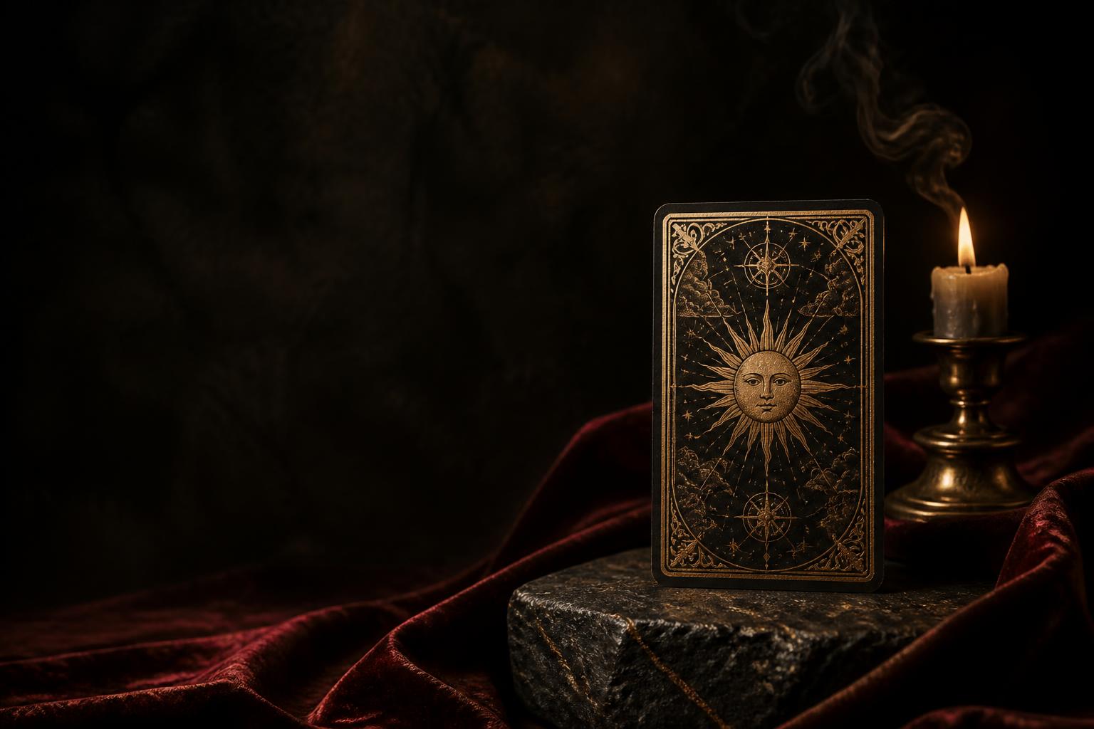 Carta de tarot iluminada em cenário cinematográfico